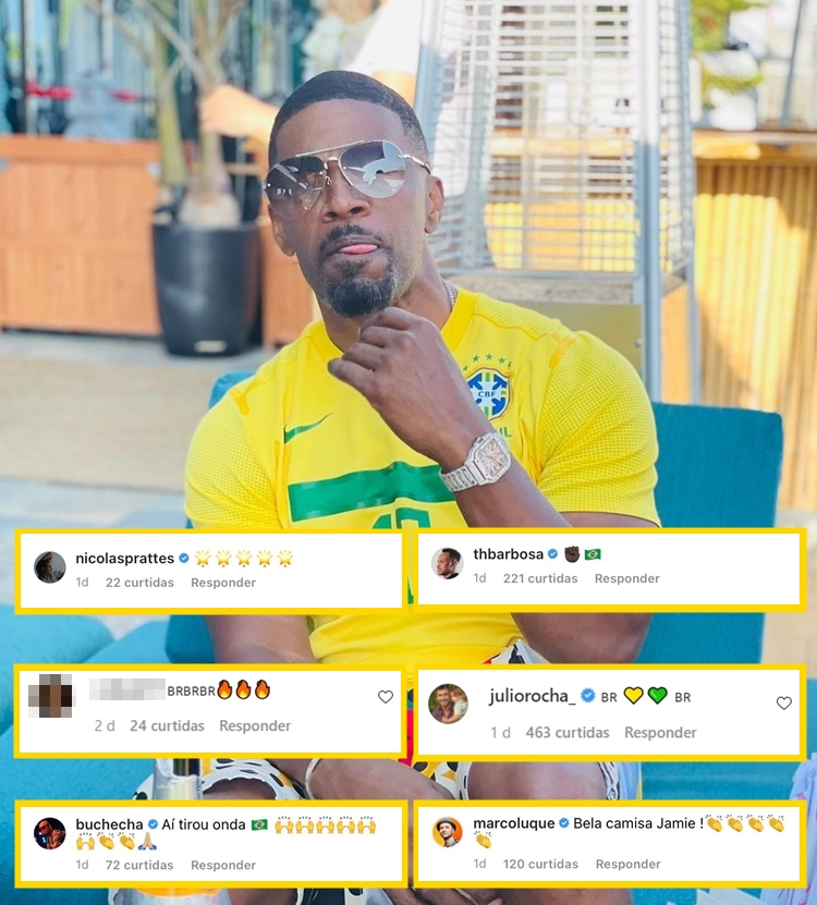 Foto de Jamie Foxx com camisa do Brasil montada com os comentários da publicação.