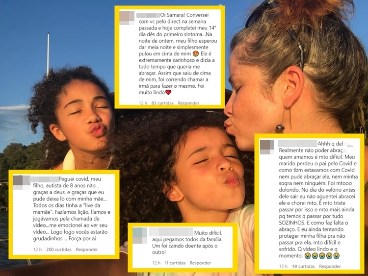 Foto montada de Samara e suas filhas com os comentários do vídeo. 