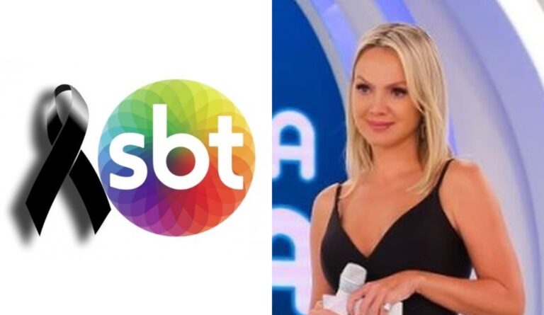 Foto de Eliana emocionada e logo do SBT com símbolo de luto.