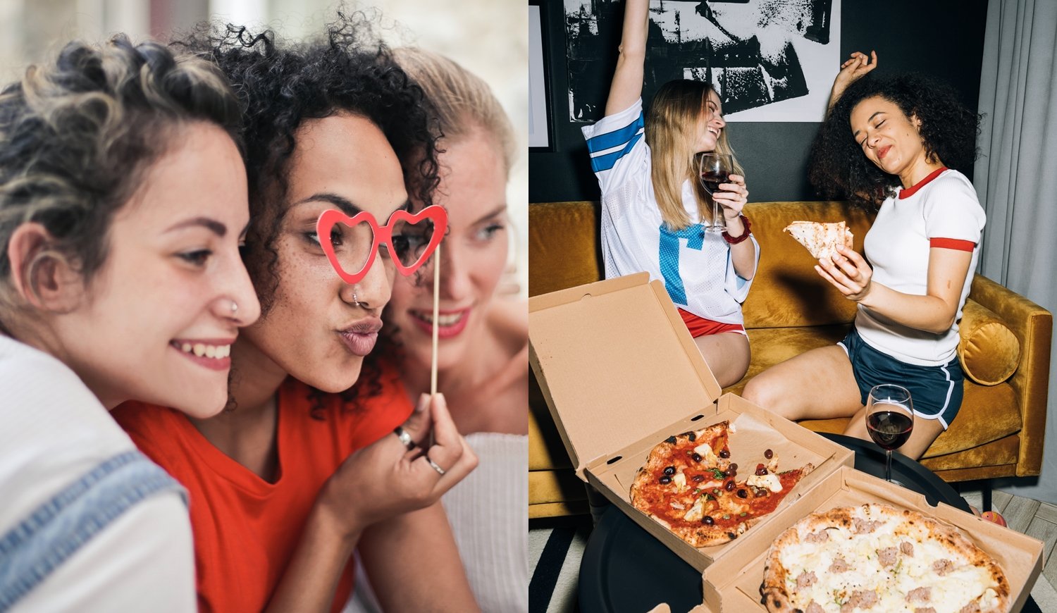 Foto de amigas comendo pizza.