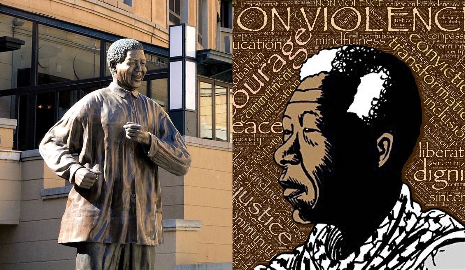 Foto de estátua de Nelson Mandela e uma arte digital.