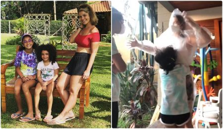 Samara Felippo usa capa plástica para abraçar filhas com covid-19
