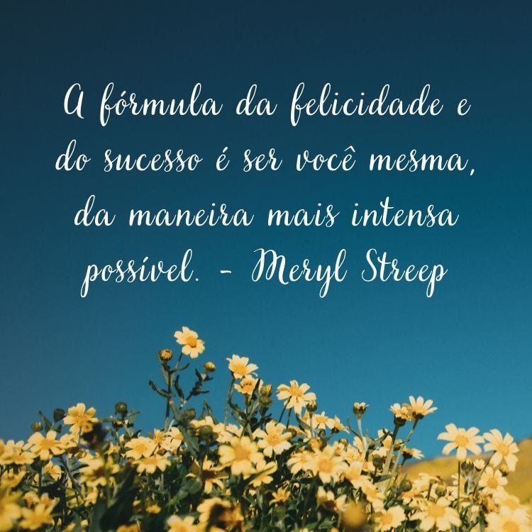 Foto de jardim de flores amarelas com frase  “A fórmula da felicidade e do sucesso é ser você mesma, da maneira mais intensa possível.” - Meryl Streep em branco