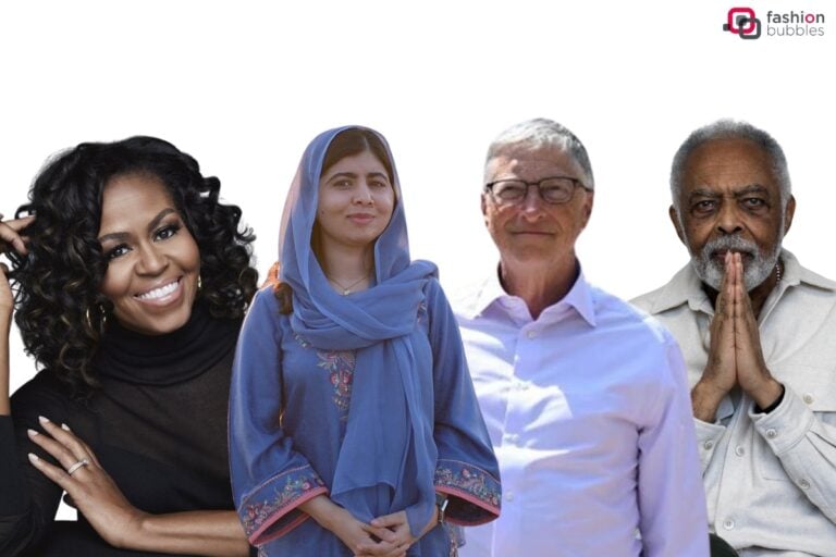 Montagem de fundo branco com foto de Michelle Obama, Malala, Bill Gates e Gilberto Gil