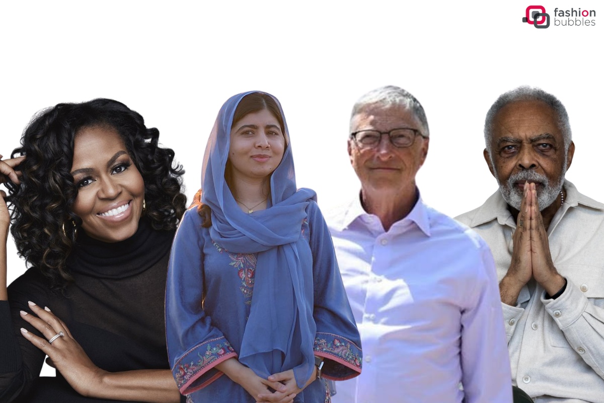 Montagem de fundo branco com foto de Michelle Obama, Malala, Bill Gates e Gilberto Gil