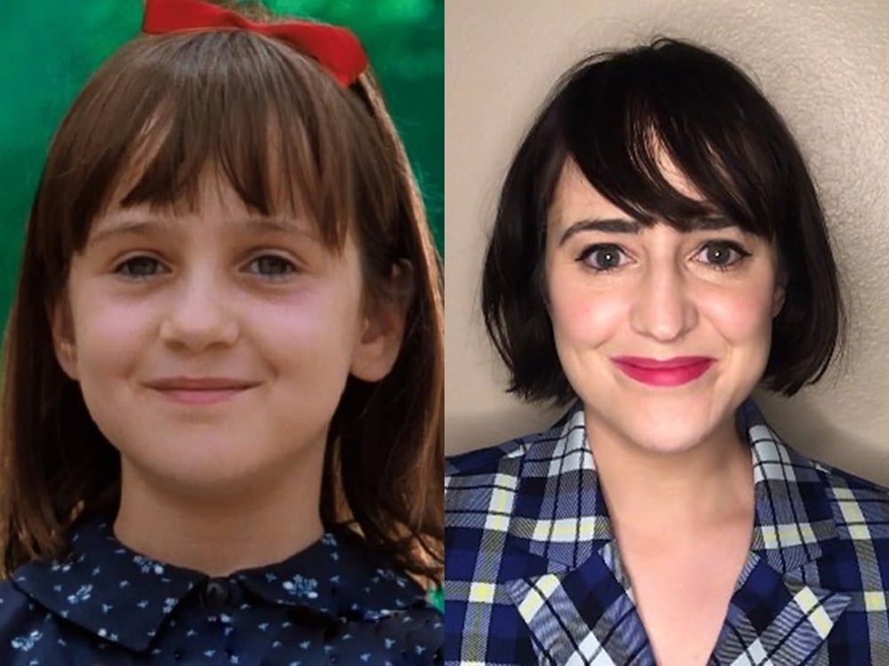 Foto da personagem Matilda aos 9 anos e de sua interprete aos 33.