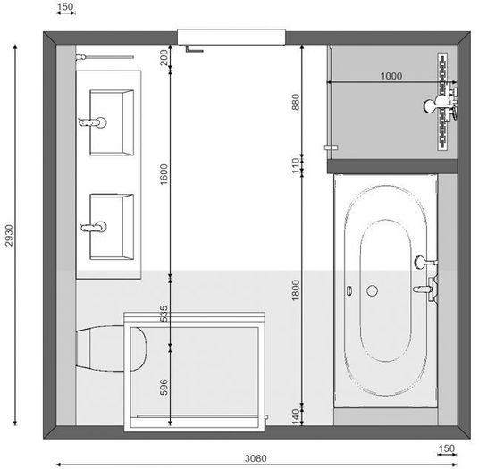 Projeto de pia dupla. Planta de banheiro duplo.