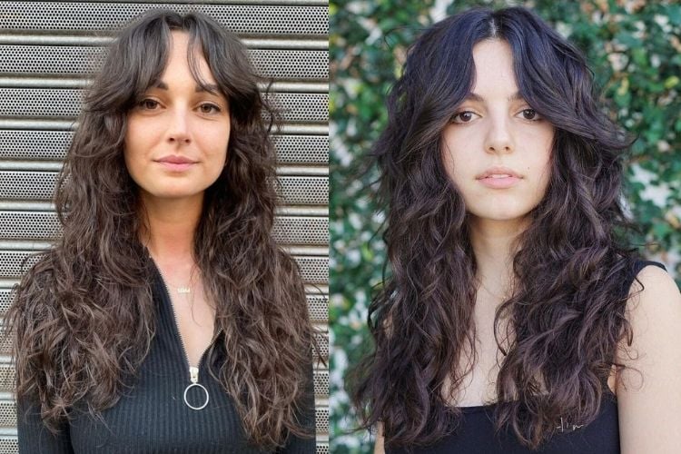 Duas fotos de mulheres com curtain bangs cabelo ondulado