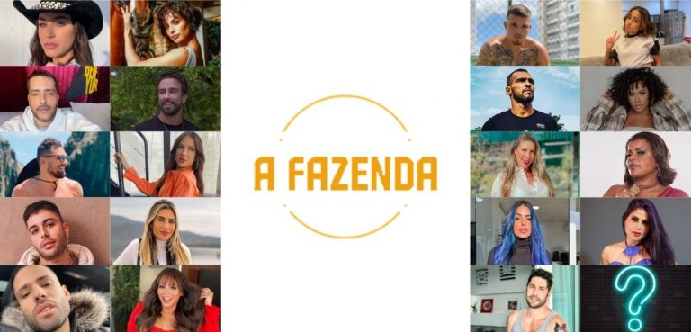 Montagem com logo de A Fazenda e participantes confirmados