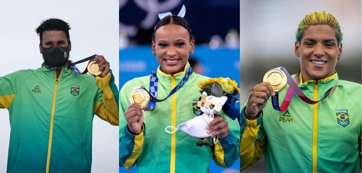 Fotos de atletas que ganharam medalhas de ouro do Brasil nas Olimpíadas 2021: Ítalo Ferreira, Rebeca Andrade e Ana Marcela Cunha