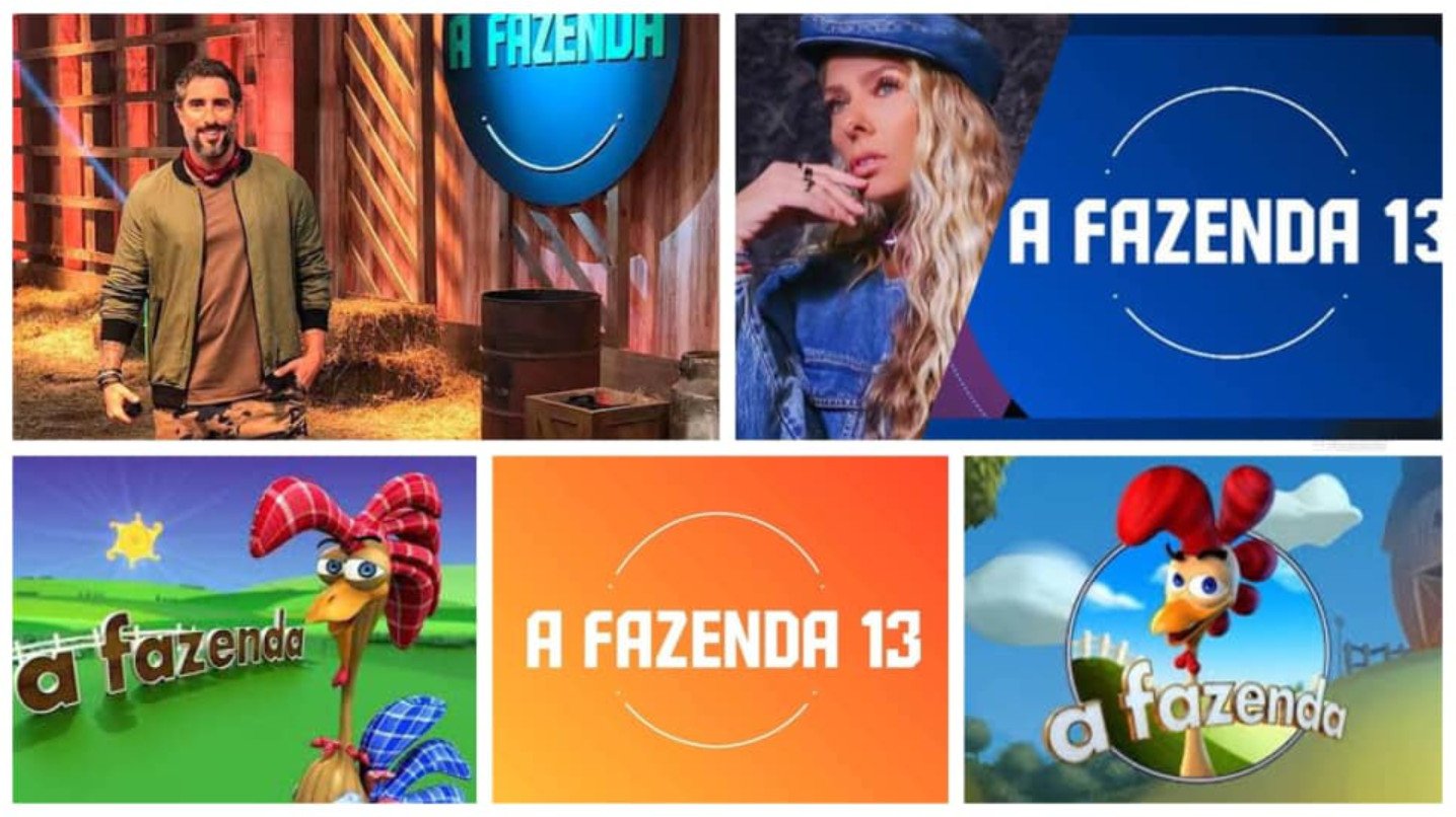 Montagem com logos de A Fazenda, Marcos Mion e Adriane Galisteu