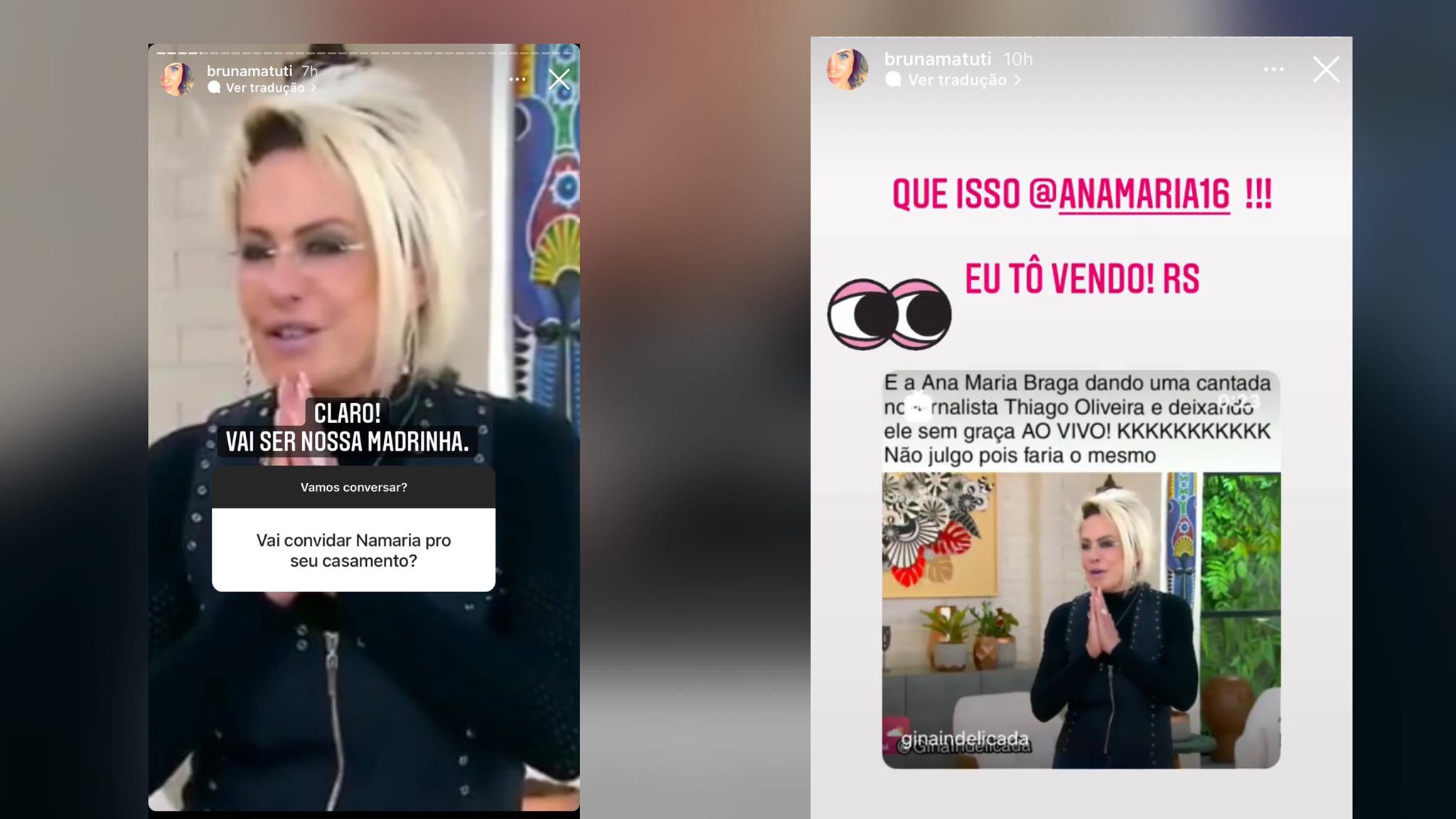Bruna Mutati reage nas redes sociais a "cantada" de Ana Maria Braga em seu namorado. Fonte: Montagem/ Fashion Bubbles Bruna Mutati reage nas redes sociais a "cantada" de Ana Maria Braga em seu namorado. Fonte: Montagem/ Fashion Bubbles