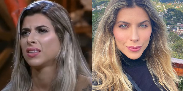 Na primeira parte da imagem, Ana Paula Minerato aparece apreensiva, com o resultado da roça. Ela foi eliminada nesse dia. Em foco, apenas seus cabelos loiros e o semblante fechado. Na segunda parte da foto, é como está atualmente, pós-reality. Tem cabelos mais loiros. Posa, séria, para a câmera, de maquiagem feita. Usa uma camisa de manga longa e de gola na cor preta. A Fazenda: Ana Paula Minerato integrou o elenco de A Fazenda 8 e 9, mas não saiu campeã.