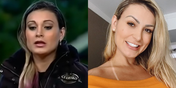 Na primeira parte da imagem, Andressa Urach está sentada, durante votação para definir a roça, com mechas rosa no cabelo loiro, e usa roupa do celeiro, característico do programa. Na segunda parte da foto, é como está atualmente, pós-reality. Tem cabelos mais loiros. Posa, sorridente, para a câmera, de maquiagem feita. Usa uma blusa laranja e realça a marquinha feita por uso do biquini. A Fazenda: Andressa Urach não entrou para a lista dos campeões, mas fez história e se tornou uma figura na galeria de participantes memoráveis do reality.