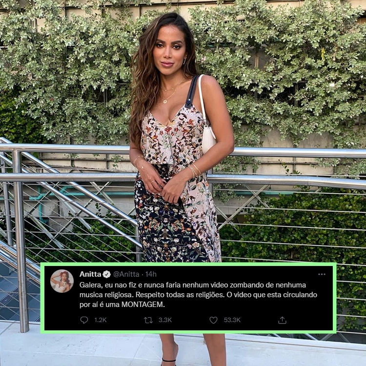 Anitta se pronuncia a respeito de vídeo em que aparece dançando música gospel. Foto de Anitta montada com o pronunciamento.