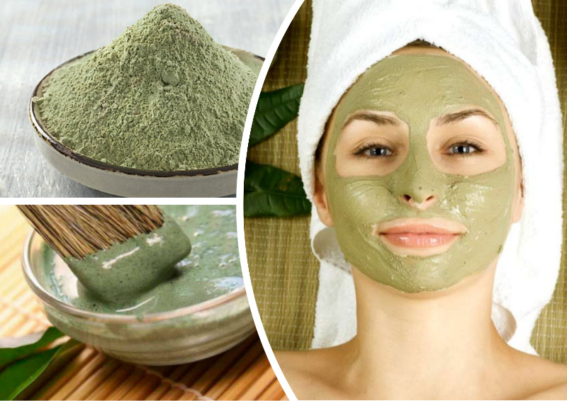 argila verde em pó e mulher com máscara de argila verde