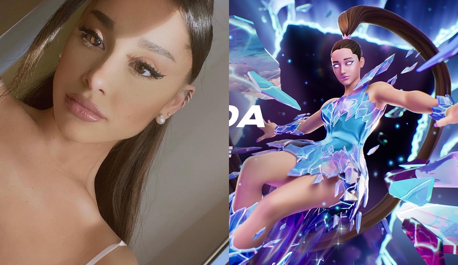 Foto de Ariana Grande e da nova skin do Fortnite.