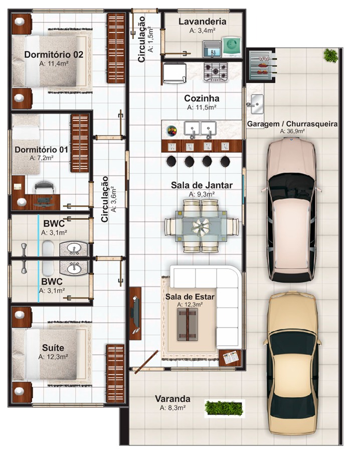 Planta baixa de Casa com 3 quartos. Casa com 3 quartos e dois carros.