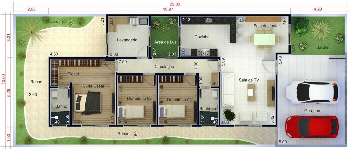 Planta baixa de casa com 3 quartos.