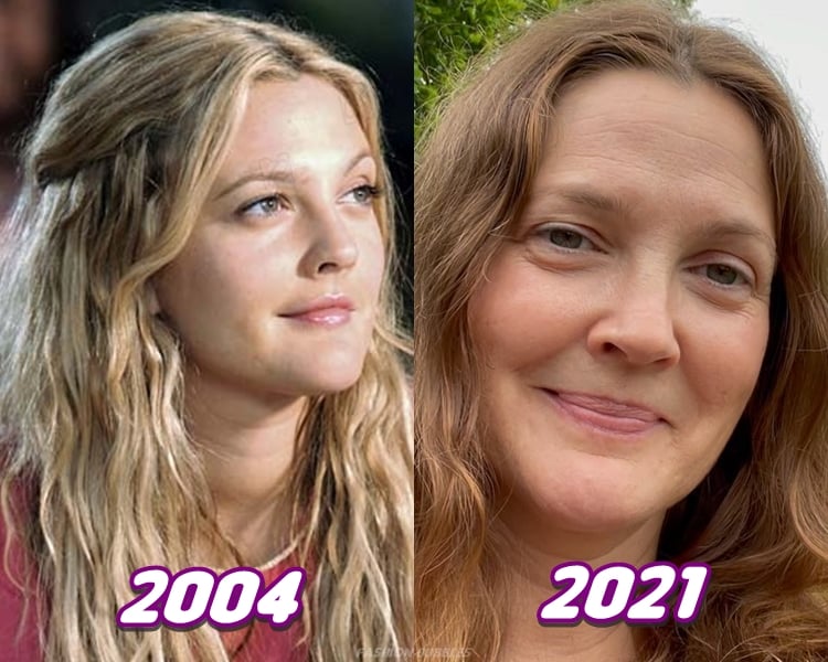 Foto de Drew Barrymore em 2004 e em 2021.