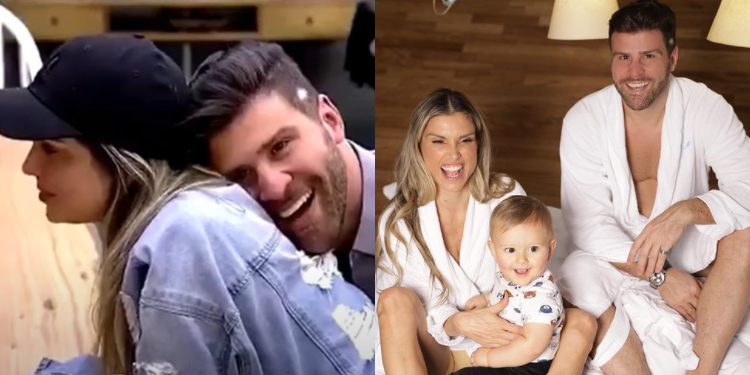 Na primeira parte da imagem, Flávia Viana, usando boné preto recebe um abraço, por trás, de Marcelo, que encosta a cabeça em suas costas enquanto sorri. O casal formado no reality A Fazenda, na segunda parte da imagem, está com seu filho, Gabriel. Os três sorriem para foto. Ambos os adultos usam roupões brancos. O reality A Fazenda e seus casais formados: Flávia e Marcelo