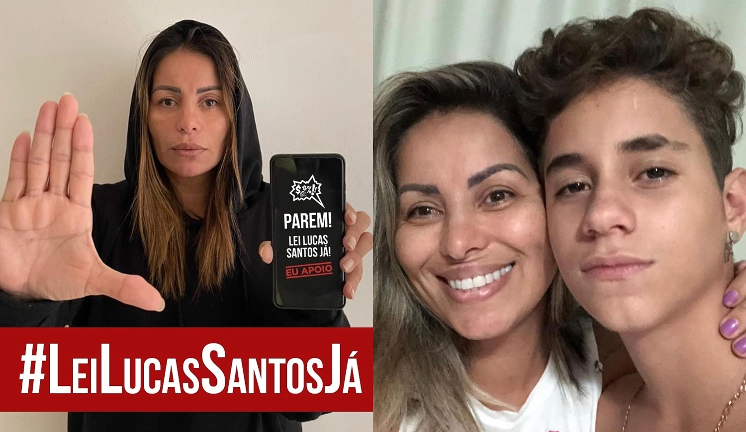 Fotos: uma da artista compartilhando a #LeiLucasSantosJái e outra dela com o seu filho.