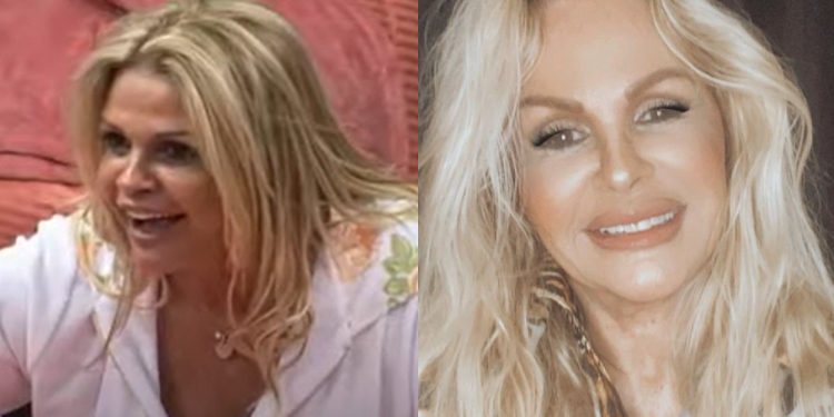 Na primeira parte da imagem, Monique Evans, loira, está usando uma camisa branca de manga comprida. Está sorrindo, durante uma discussão. Na segunda parte da foto, é como está atualmente, pós-reality. Tem cabelos loiros mais claros. Sorri, novamente, para a câmera, com maquiagem feita e preenchimento labial. A Fazenda: Monique Evans não entrou para a lista dos campeões, mas fez história e se tornou uma figura na galeria de participantes memoráveis do reality.