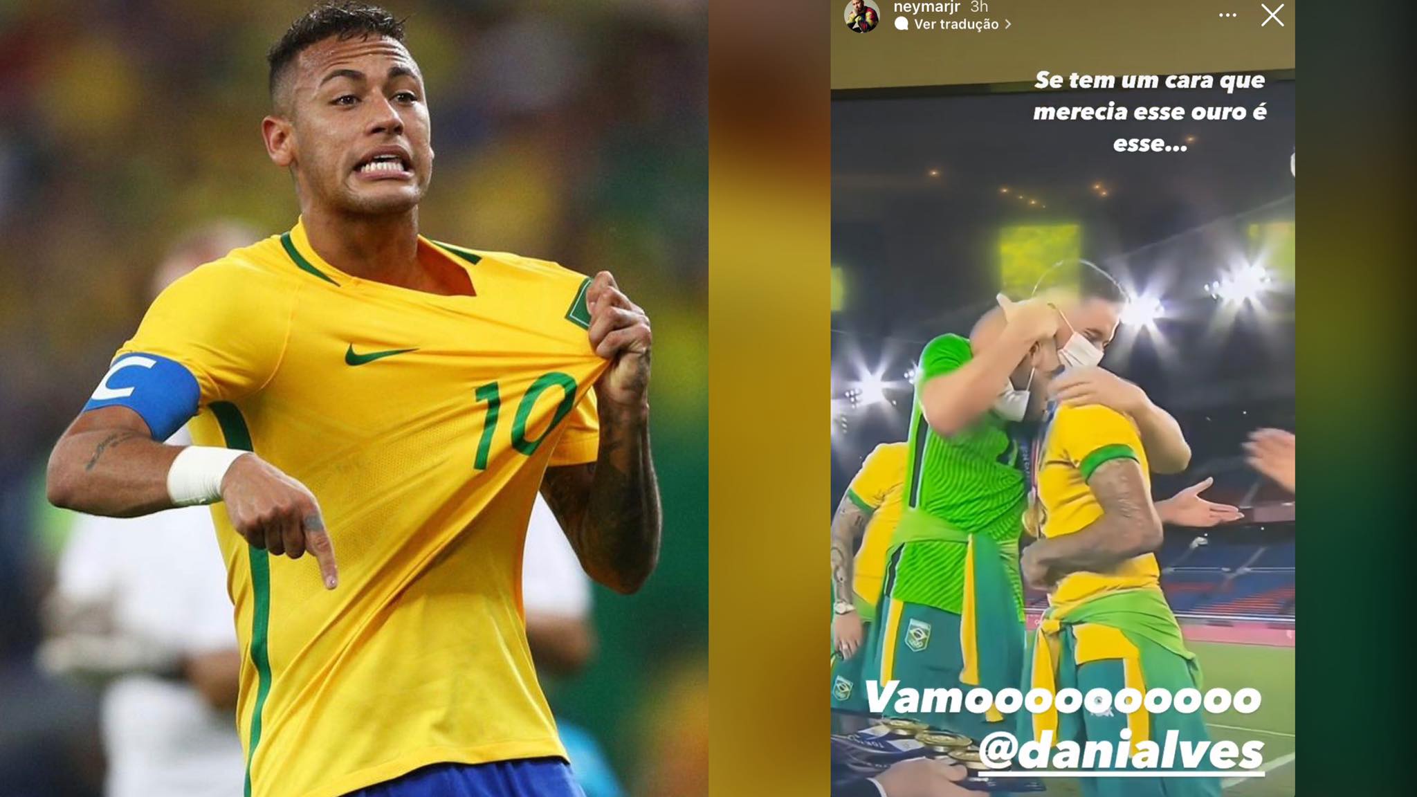 Neymar lembra da vitória do Brasil nas Olimpíadas de 2016 e faz homenagem ao amigo Daniel Alves. Montagem: Fashion Bubbles