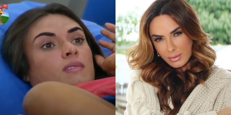 Na primeira parte da imagem, Nicole Bahls, morena, com cara de espanto, sobrancelhas arqueadas, deitada em sua cama em A Fazenda. Na segunda parte da foto, é como está atualmente, pós-reality. Tem cabelos castanhos mais claros do que antes. Posa, séria, para a câmera, de maquiagem feita. Usa um casaco bege de tricô. A Fazenda: Nicole Bahls não entrou para a lista dos campeões, mas fez história e se tornou uma figura na galeria de participantes memoráveis do reality.