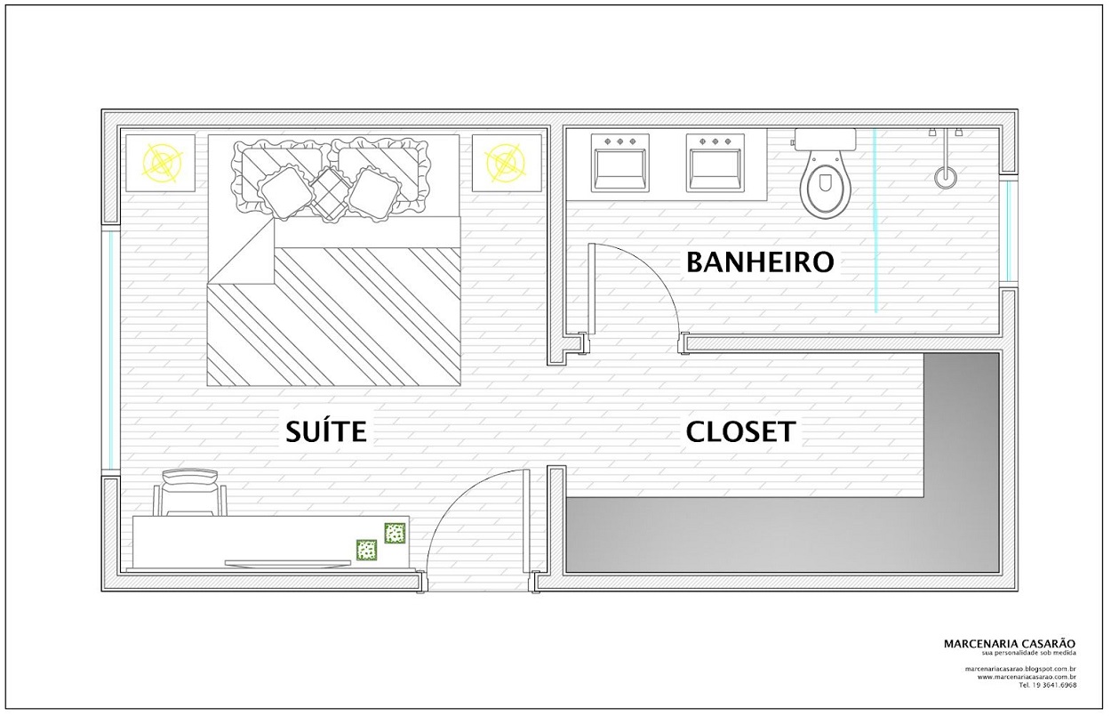 Planta de quarto com closet e banheiro.