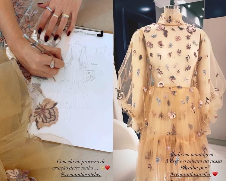 Estilistas Renata Dias e Rebeca Dantas fazem vestido para Juliette. Foto do vestido em processo de criação.