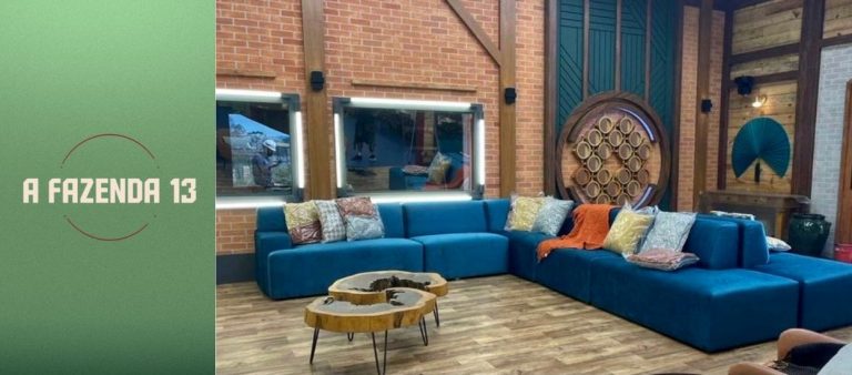 montagem com logo de A Fazenda 13 e foto da decoração da sala