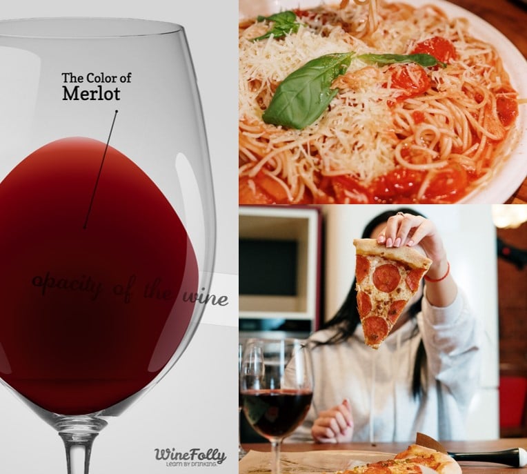 Imagem de uma taça com vinho Merlot , um prato de espaguete e uma menina segurando um pedaço de pizza peperoni
