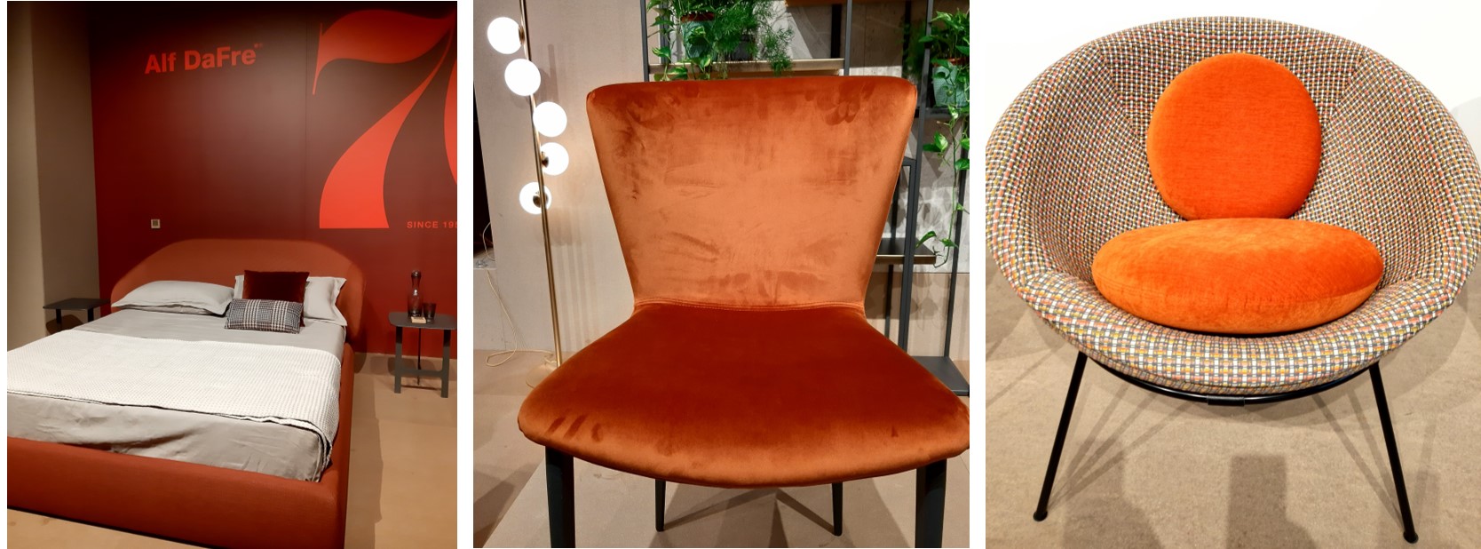 Imagem de cama, cadeiras em cor laranja que foi destaque do salão de móveis de Milão 2021