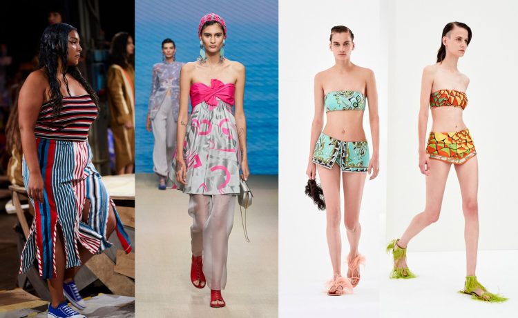 Modelos da semana de moda de Milão vestindo tomara que caia, Marni listrado, vestido Giorgio Armani e tops Pucci. 