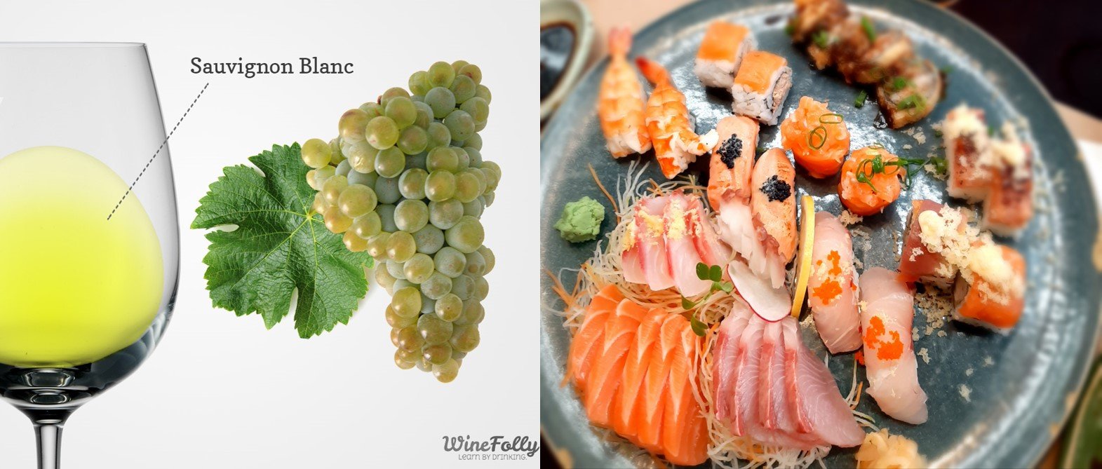 Taça de vinho branco e cacho da uva sauvignon blanc com um prato de sushi e sashimi como sugestão de harmonização