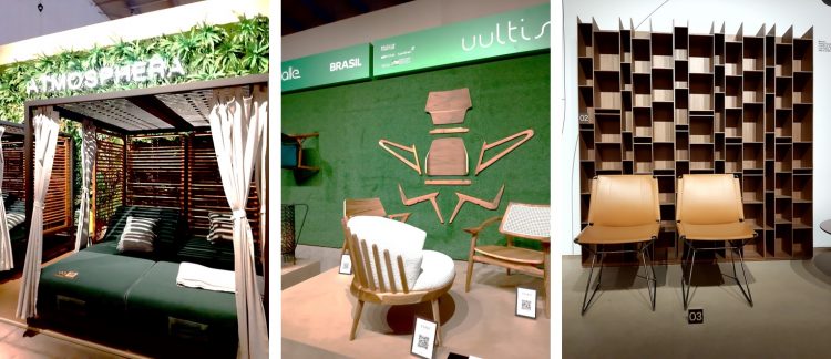 Imagem de um gazebo, cadeiras e estante em estrutura de madeira. Poprostas de Feira de Móveis de Milão 2021