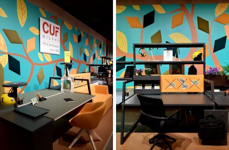 Imagem de estações de trabalho , para empresas ou home office em tons vibrantes de laranja e amarelo com espaços funcionais.