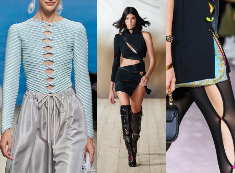 Recortes desfiles Giorgio Armani top azul, Roberto Cavalli vestido preto e meias pretas Versace.