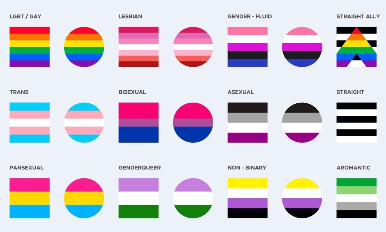 Imagem de variadas bandeiras sobre orientação sexual.
