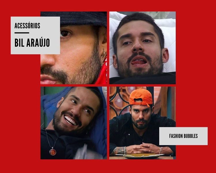 montagem com fundo vermelho e fotos de Bil Araújo, Acessórios A Fazenda 2021 Foto de Bil Araújo, Acessórios A Fazenda 2021