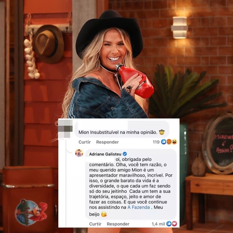 Adriane Galisteu responde internauta que falou "Mion insubstituível". Foto do comentário.