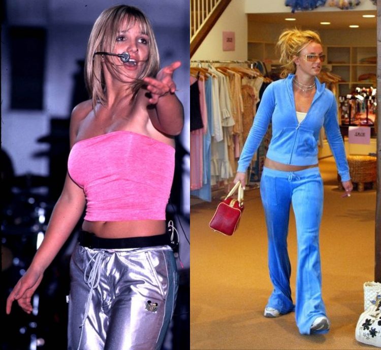Foto de Britney Spears nos anos 2.000, foto da esquerda usando tomara que caia rosa com calça sporty metalizada e foto da direita conjunto em veludo plush azul.