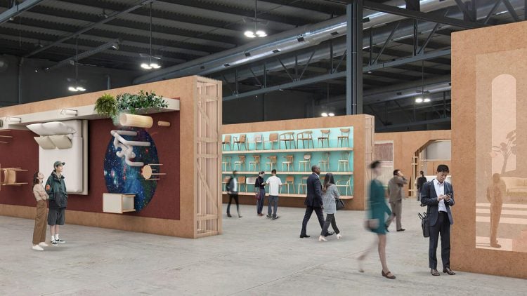 Imagem do pavilão de exposição da feira de móveis de Milão com os painéis em madeira reclicada projeto de Andrea Caputo para o Salone del Mobile 2021