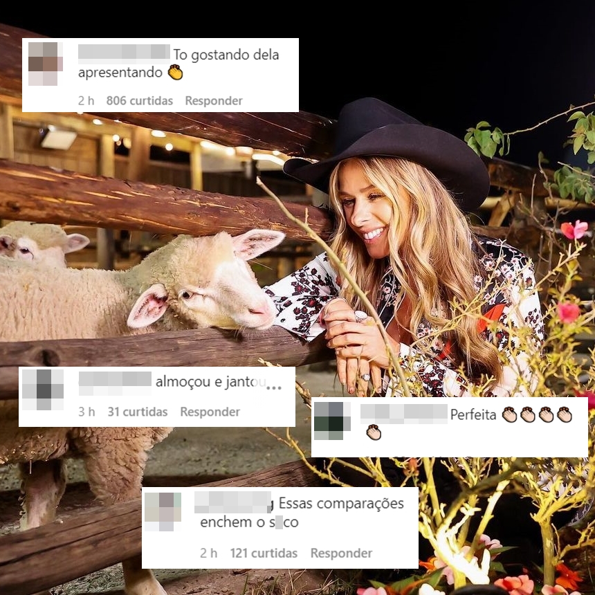 Internautas falam sobre apresentação de Adriene Galisteu no A Fazenda 13. Foto com alguns comentários.