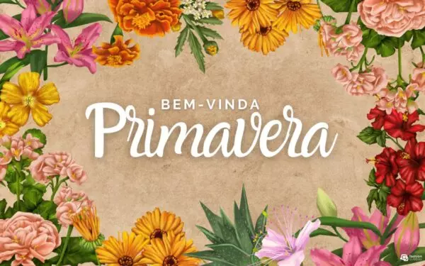 Fundo envelhecido com borda de flores e no meio escrito bem-vinda primavera