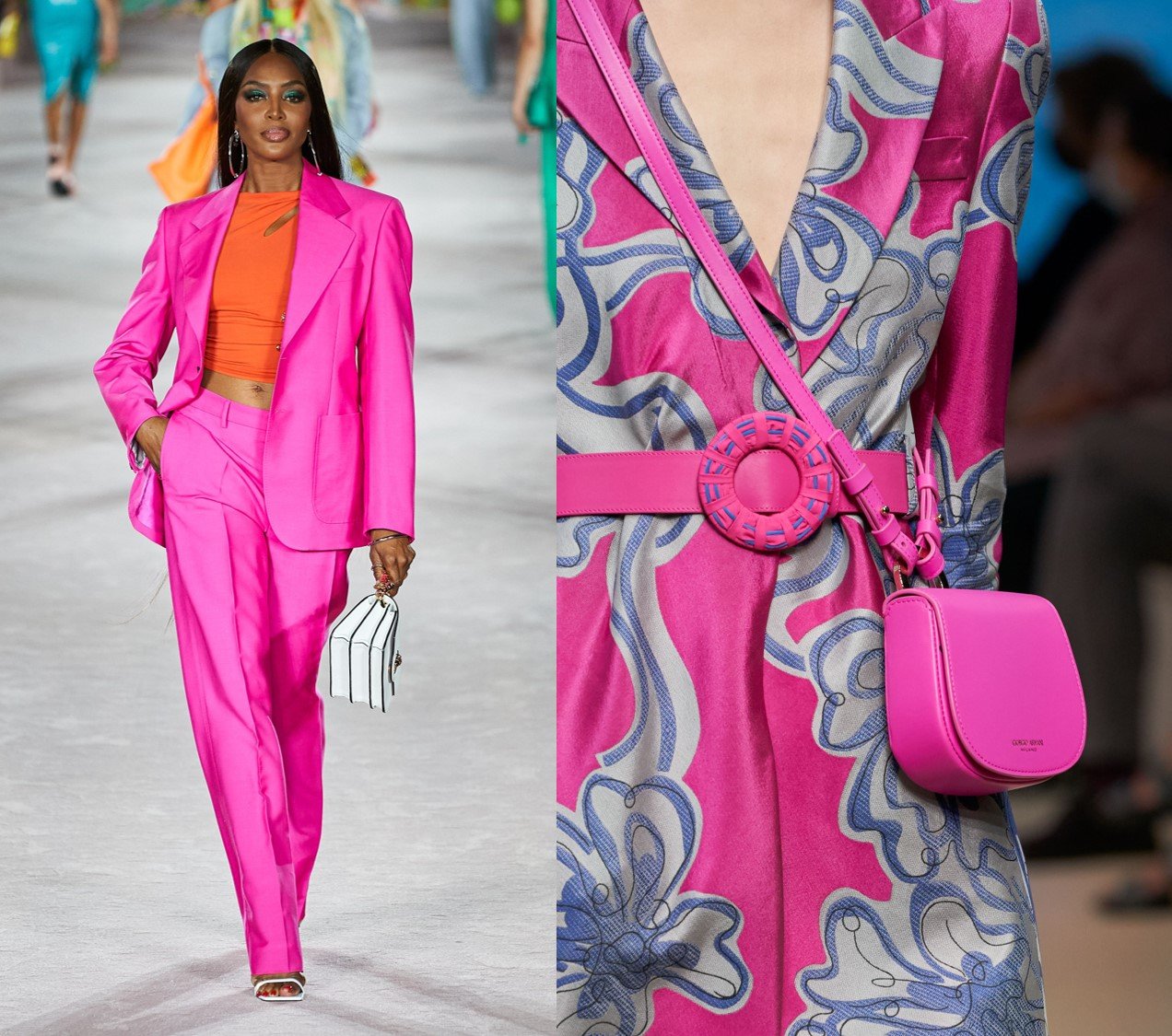 Foto com conjunto Versace blazer e calça pink, vestido em jacquard e bolsa Giorgio Armani. 
