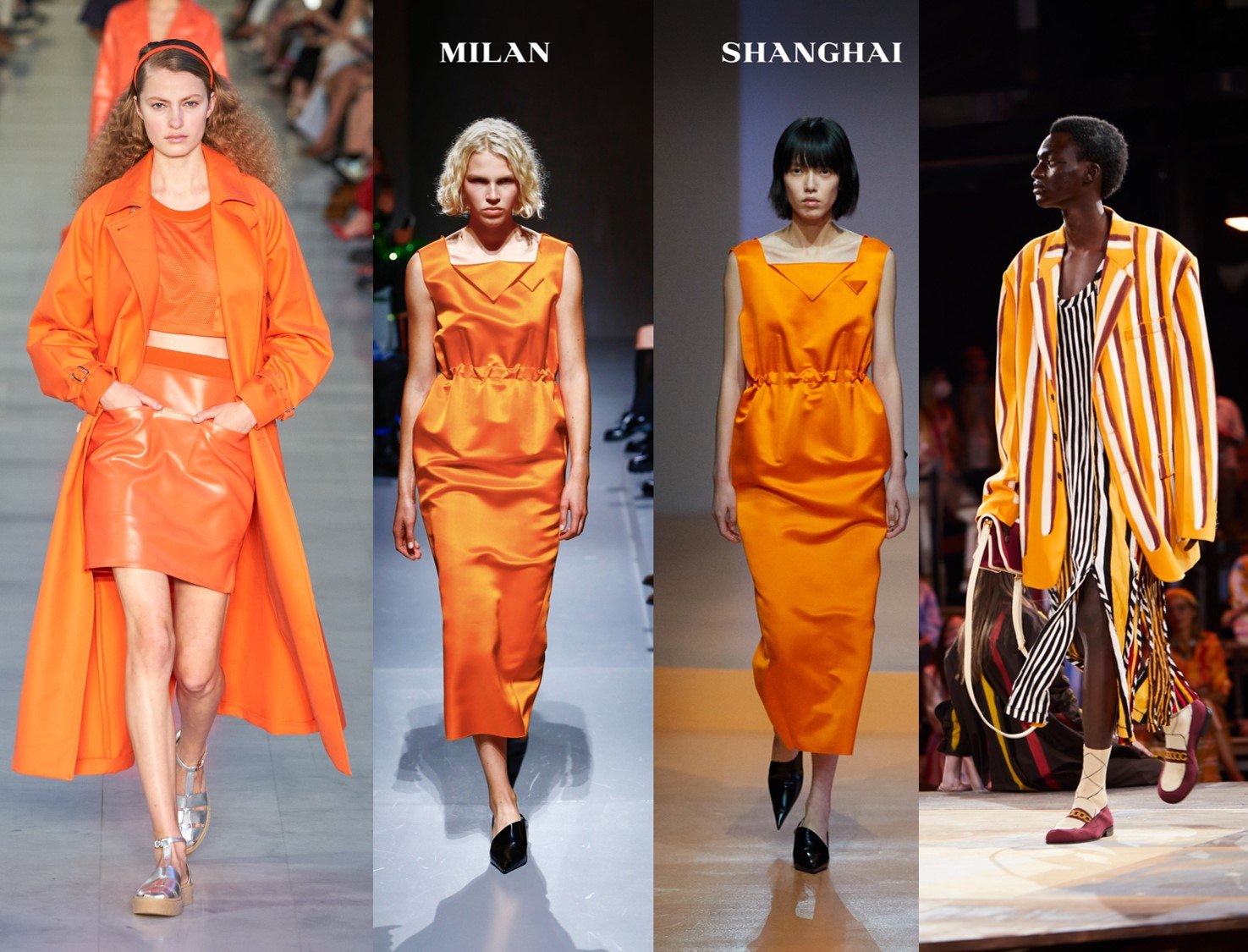 Foto com Look total laranja Max Mara minissaia, top e casaco, vestido Prada e maxi blazer listrado da Marni.
