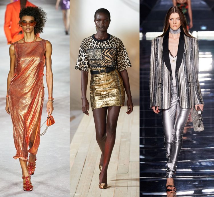 Tecido 3 fotos demostrando o tecido Lamê com brilho vestido Versace, minissaia Roberto Cavalli calçca Dolce & Gabbana.