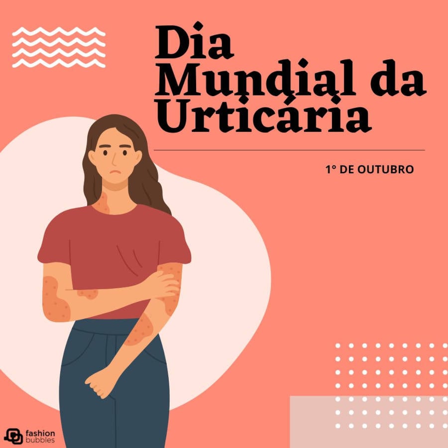 Frase de Dia Mundial da Urticária com ilustração de mulher com urticária em fundo rosa